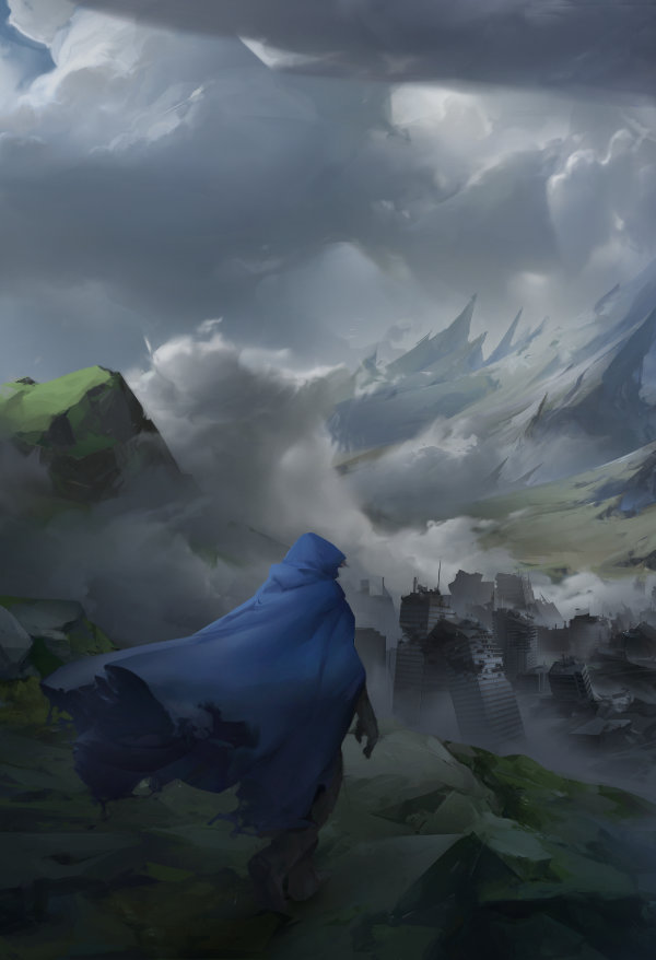 Person in cloak looking out over wast landscape that is destryed by something sinister.